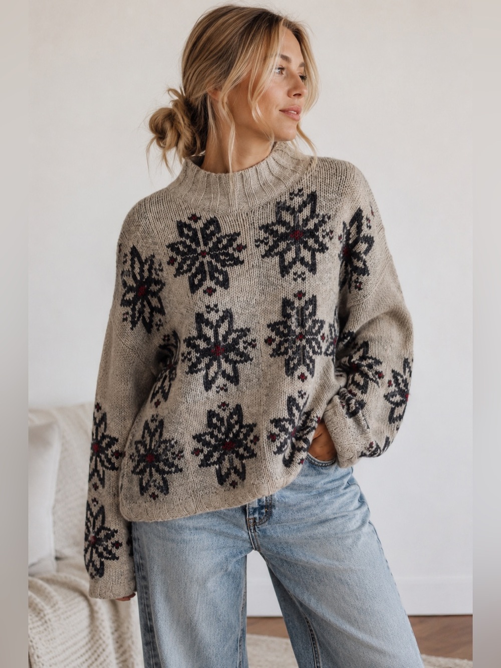 Vintage Eddie Bauer Nordic Snowflake Wool Angora Sweater M Cozy Ski Chalet